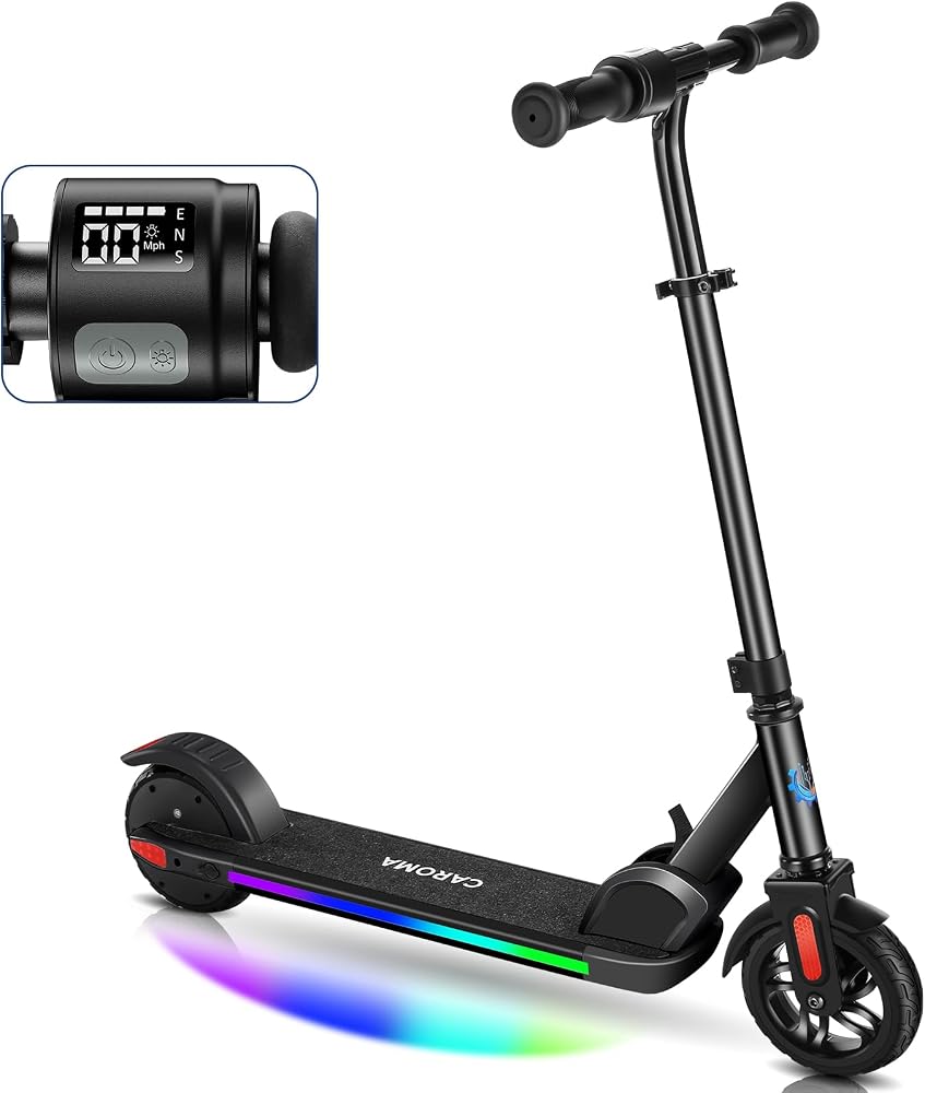 Caroma E Scooter für Kinder Alter 6-14, 150W/180W Motor, 16 km/h, 80 mins Fahrzeit, einstellbare Geschwindigkeit und Höhe, Bunte Lichter, LED-Anzeige, Faltbarer Kinder Elektroroller