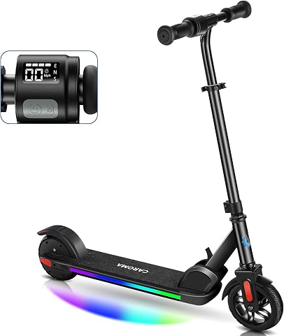 Caroma Caroma E Scooter für Kinder Alter 6-14, 150W/180W Motor, 16 km/h, 80 mins Fahrzeit, einstellbare Geschwindigkeit und Höhe, Bunte Lichter, LED-Anzeige, Faltbarer Kinder Elektroroller