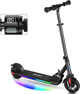 Caroma E Scooter für Kinder Alter 6-14, 150W/180W Motor, 16 km/h, 80 mins Fahrzeit, einstellbare Geschwindigkeit und Höhe, Bunte Lichter, LED-Anzeige, Faltbarer Kinder Elektroroller