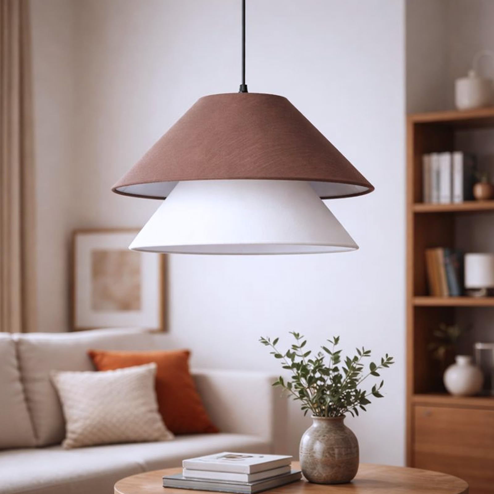Alpinaluz Suspension en tissu bicolore marron et blanc Ø40 cm - Double écran textile superposé, style français élégant et nordique moderne, lumière d'ambiance chaude, culot E27, hauteur réglable