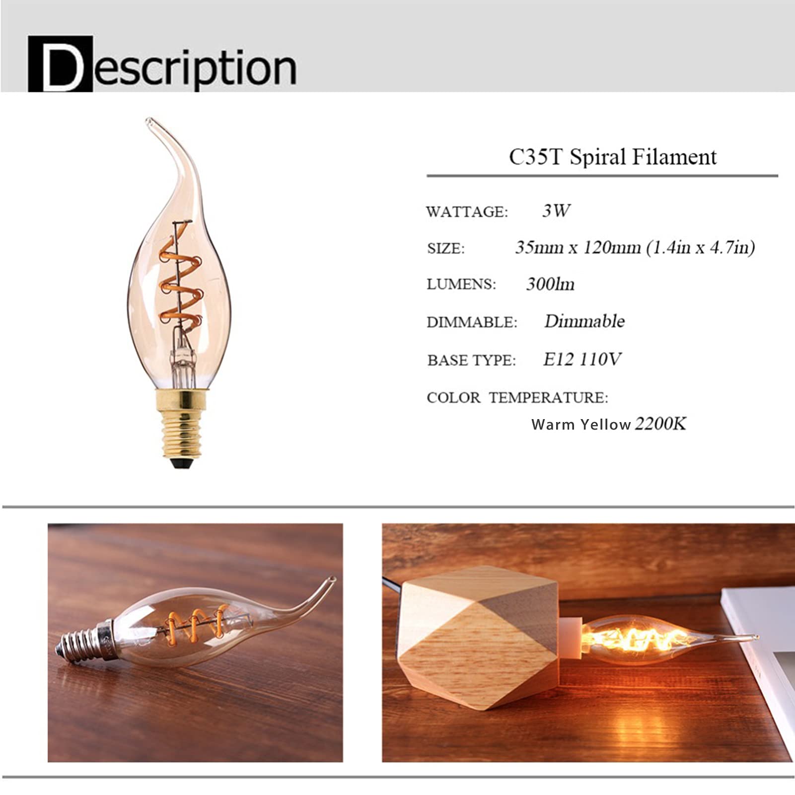 Paquete 6 bombillas LED Edison vintage regulables E12 3 W, equivalente a 30 W, 360 grados; Bombilla filamento LED espiral ahorro energía con ángulo haz C35T,