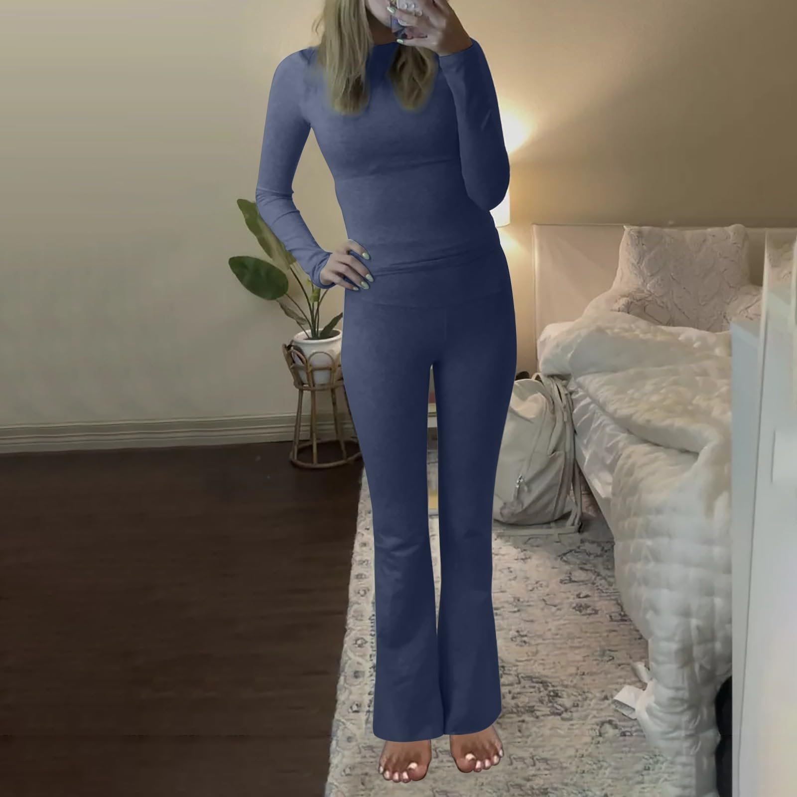 Tuta da yoga da donna, 2 pezzi, in cotone, elasticizzata, slim fit, a maniche corte, girocollo, top e pantaloni lunghi, tinta unita, per il tempo libero