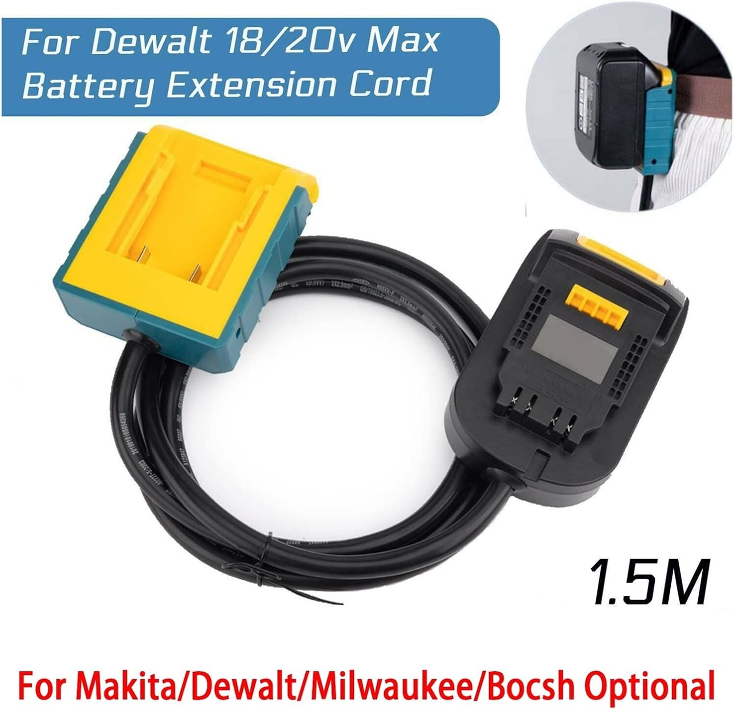 Battery Extension Cord - Fit for Dewalt 18V Lithium Battery Power Tools - Black - Male to Female Connector - Compatible with Dewalt 18V Tools