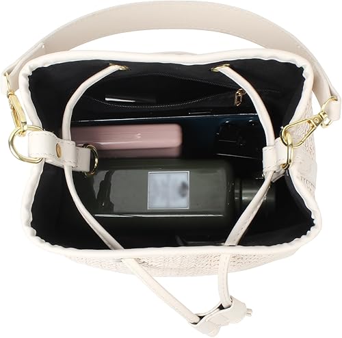 Vista 4 de Van Caro - Bolso de hombro de paja de algodón tejido a mano, borla de ganchillo, bolso bohemio para la playa para mujer