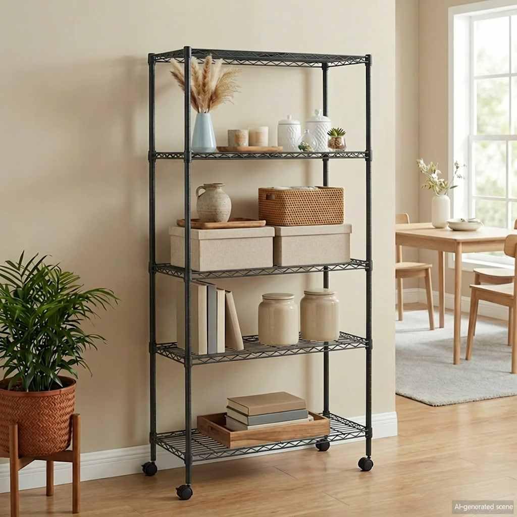 Scaffale in ferro nero con ripiani a griglia e 4 ruote, versatile per cucina, bagno, ufficio, cantina o officina