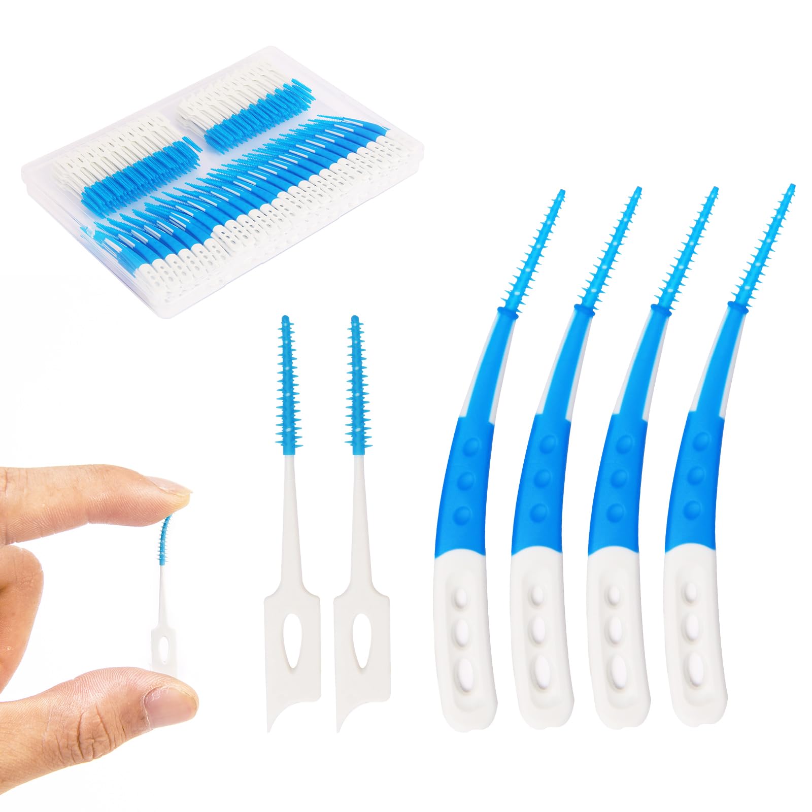 Palillos dentales para limpieza de dientes, 300 palillos de dientes de doble uso, 144 cepillos interdentales desechables en ángulo, color azul