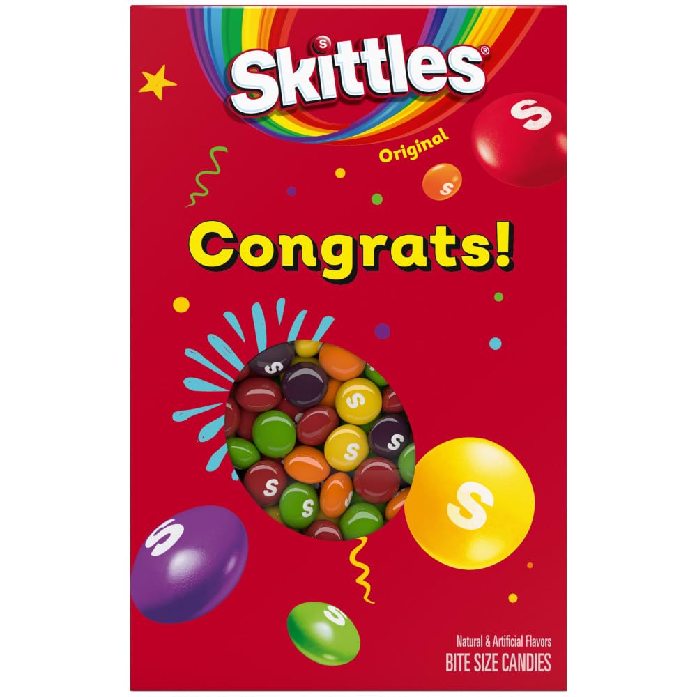 SKITTLES Original Chewy Candy Gift Box with Congrats Card for Graduation, Anniversary, Engagement, Wedding, Baby, New Job and All Congratulations Celebration Card Gift, 11.28 Oz Box