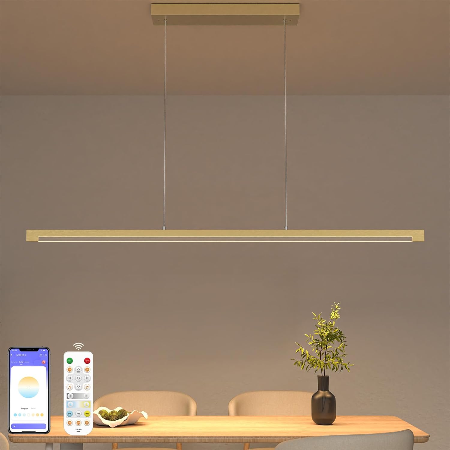40W Gold Linear Pendant Light Aluminum, 54" Dimmable Kitchen Island Lighting with Remote & App Control, Adjustable CCT (3000K-6000K), Dining Room Chandelier for Home Office Study