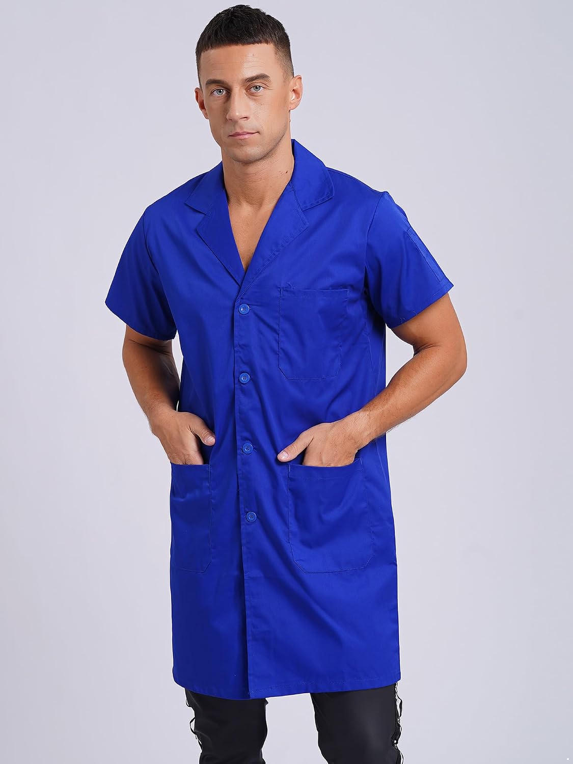 Oyolan Unisex Wear Resistant Work Coat Lapel V Neck Short Sleeve Front Button Dustproof Jacket Lab Coat