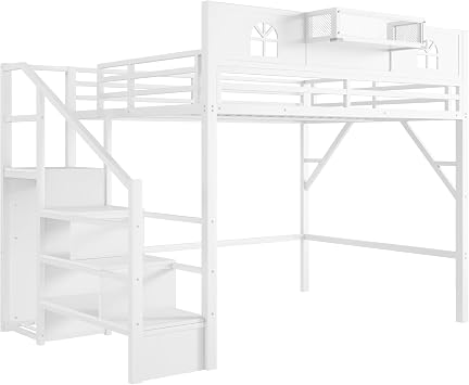 Queen Size Loft Bed with Storage Stair, Guardrail, White