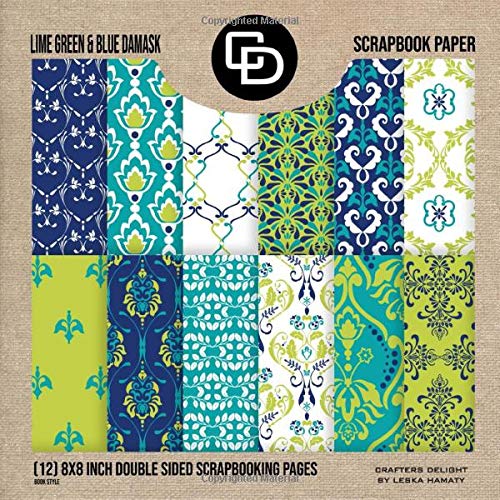 Lime Green & Blue Damask Scrapbook Paper (12) 8x8 Inch Double Sided Scrapbooking Pages Book
