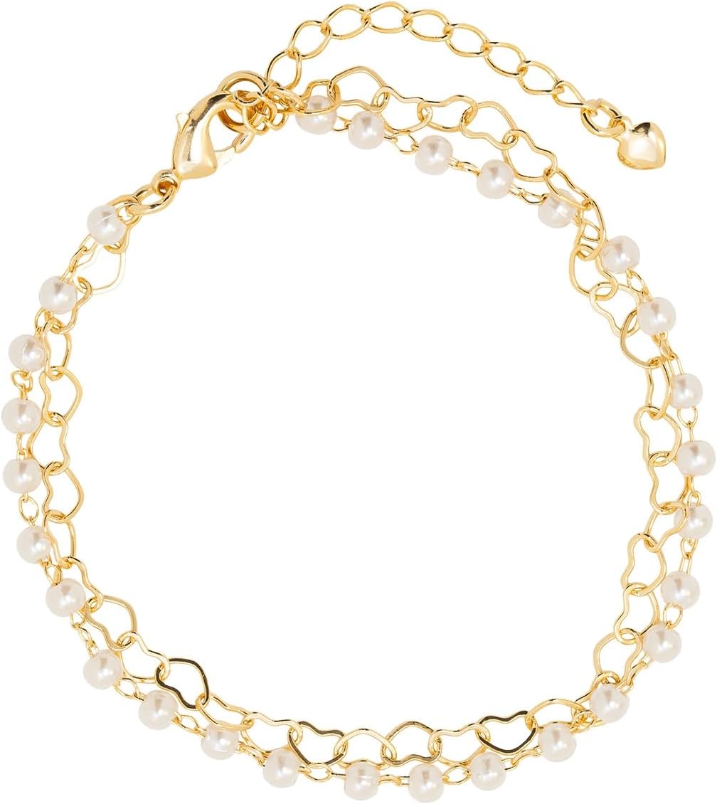 Pulseira Dupla Corações e Perolas Semi Joias Banhado Ouro 18k