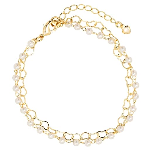 Pulseira Dupla Corações e Perolas Semi Joias Banhado Ouro 18k