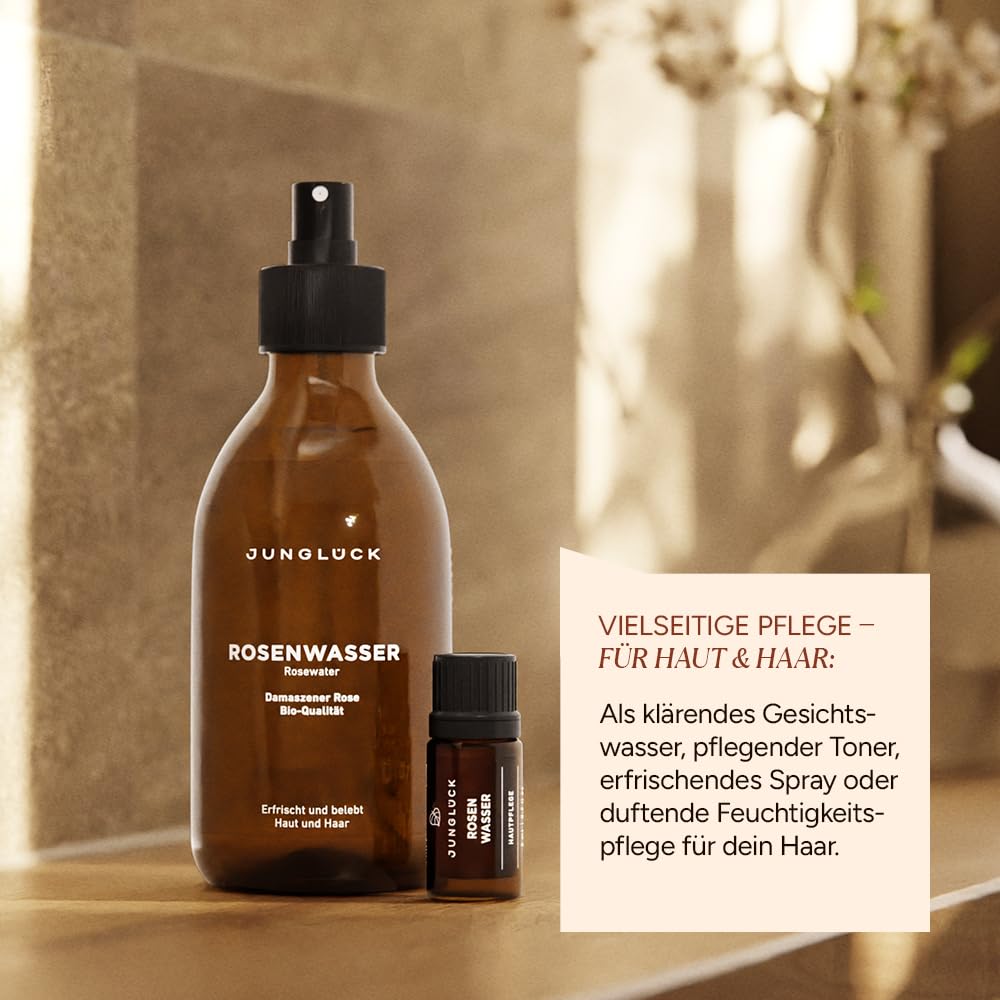 JUNGLÜCK 100% BIO Rosenwasser Spray 250ml - Vegan | 100% Rein Natürliches Gesichtswasser schenkt erfrischenden Duft und klärt porentief | Gesichtsreinigung ohne Alkohol für Gesicht, Körper und Haare