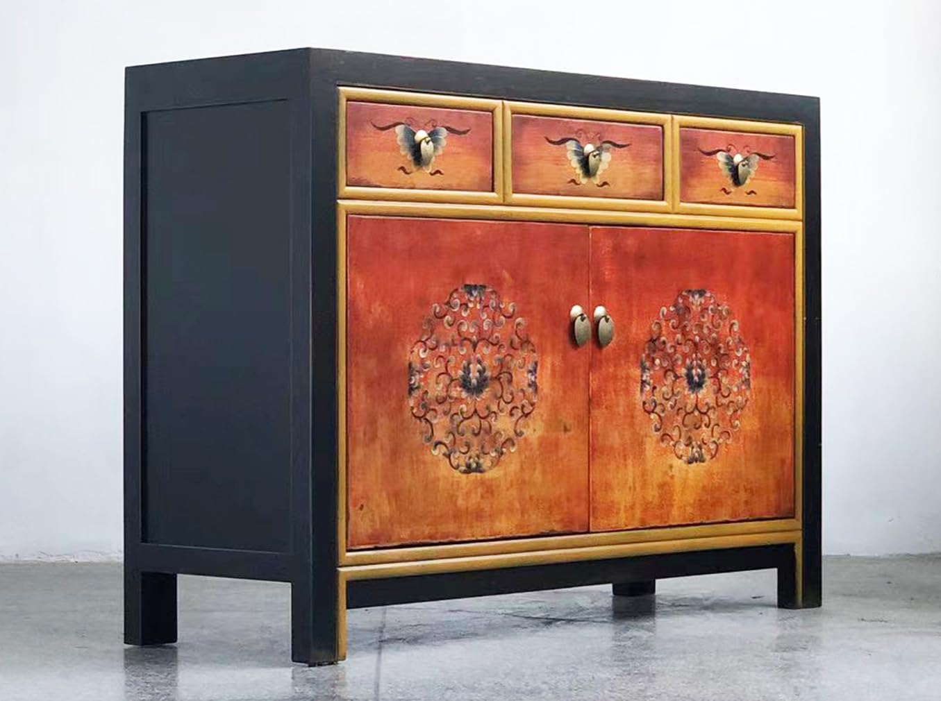 Credenza Armadio Asiatica In Stile Vintage - Completamente Assemblata, 3 Cassetti + 2 Ante, Nera, 117x40x85 Cm