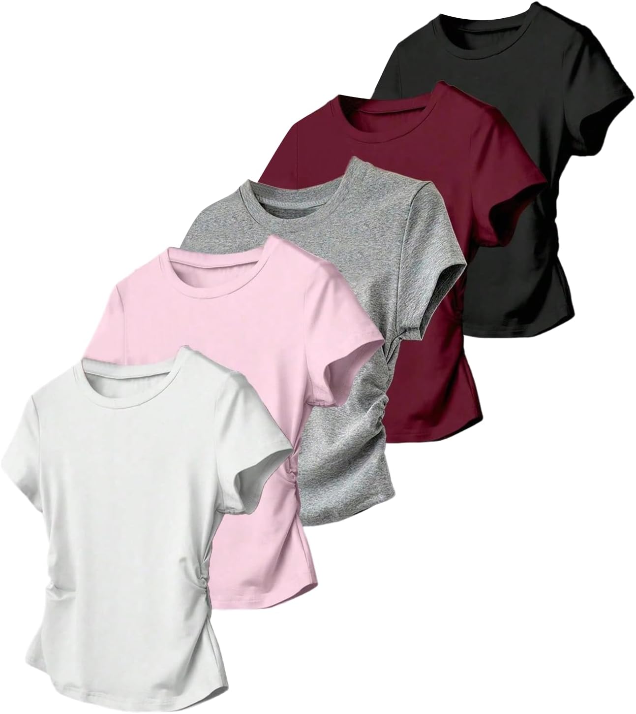 OYOANGLE Girl's 5 Pack Short Sleeve Ruched Tees Crew Neck Basic T Shirts Top