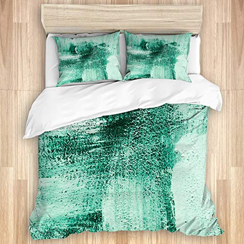 FOURFOOL Bedding Juego de Funda de Edredón,Verde Aguamarina,Turquesa y Blanco,Pintura cepillada,Pinceladas abstractas,Acogedor.,Microfibra Funda de Nórdico y Fundas de Almohada-(Cama 220 x 240cm)