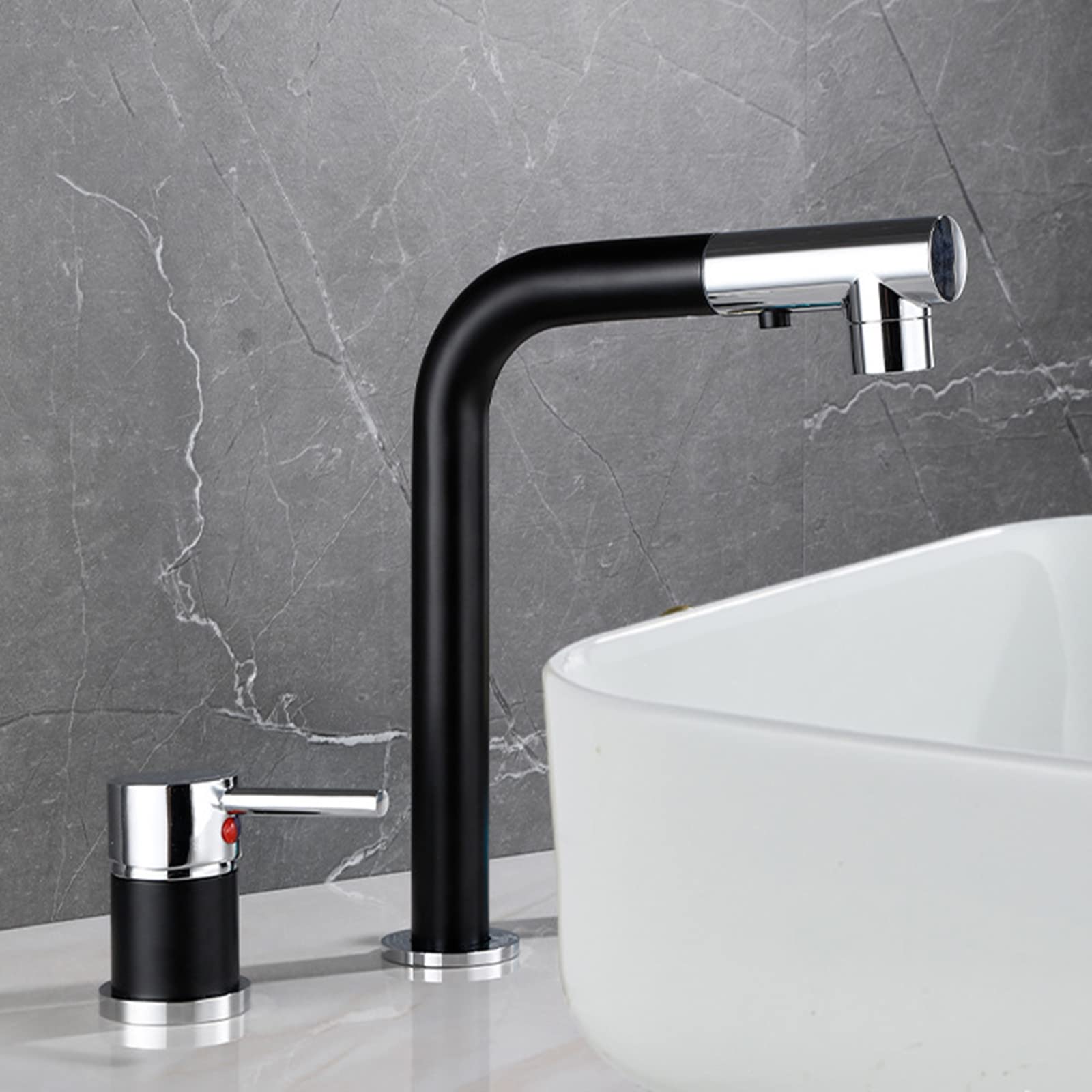 Mitigeur de lavabo de salle de bains noir et chrome avec robinet de cuisine extractible 2 trous
