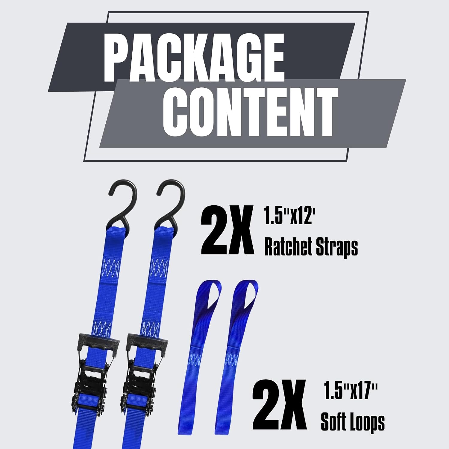 1.5" x12' Heavy Duty Ratchet Straps with S-Hook, Tie Down Straps with Soft Loops, 4400 lbs Break Strength, Secure Motorcycle, ATV, UTV, Dirt Bike on Pickup Truck Bed, Trailer