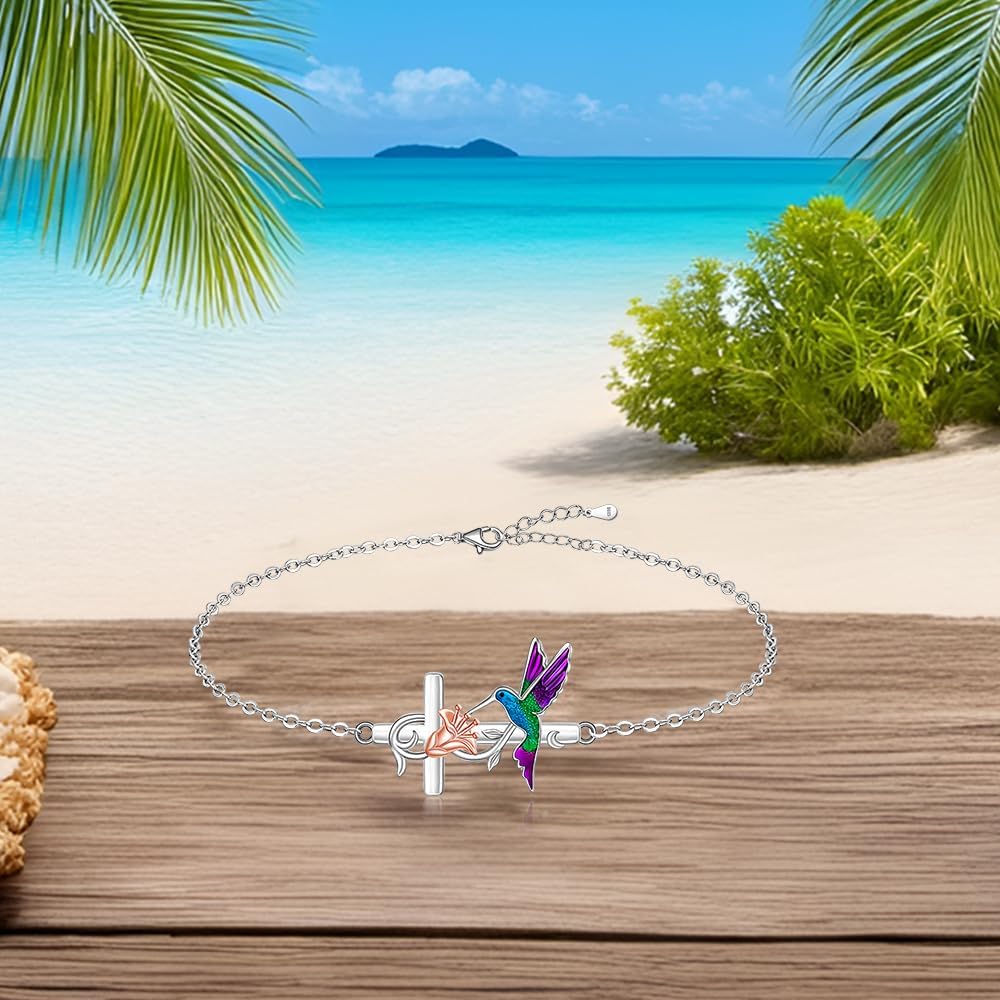 Fenthring Cross Hummingbird Ankle Bracelets for Women Summer Cross Anklets Sterling Silver 925 Beach Anklet Ocean Theme Jewelry Hummingbird Gifts - Image 6