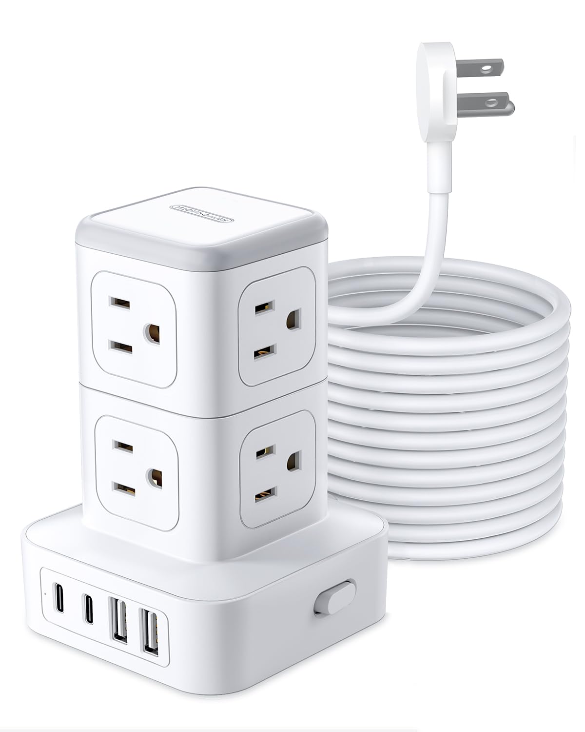 Tower Power Strip 15 FT, 8 AC Outlets with 4 USB Ports (2 USB C), Multiple Outlets Mountable Charging Station for Home Office Dorm, White