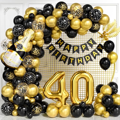 Decoraciones para 40º Cumpleaños, Kit Arco Globos Negros Dorados con Globos Foil Número 40, Globos Imprimidos, Banner Feliz Cumpleaños para Hombres Mujeres, Decoraciones Fiesta Negro Dorado 40 Años