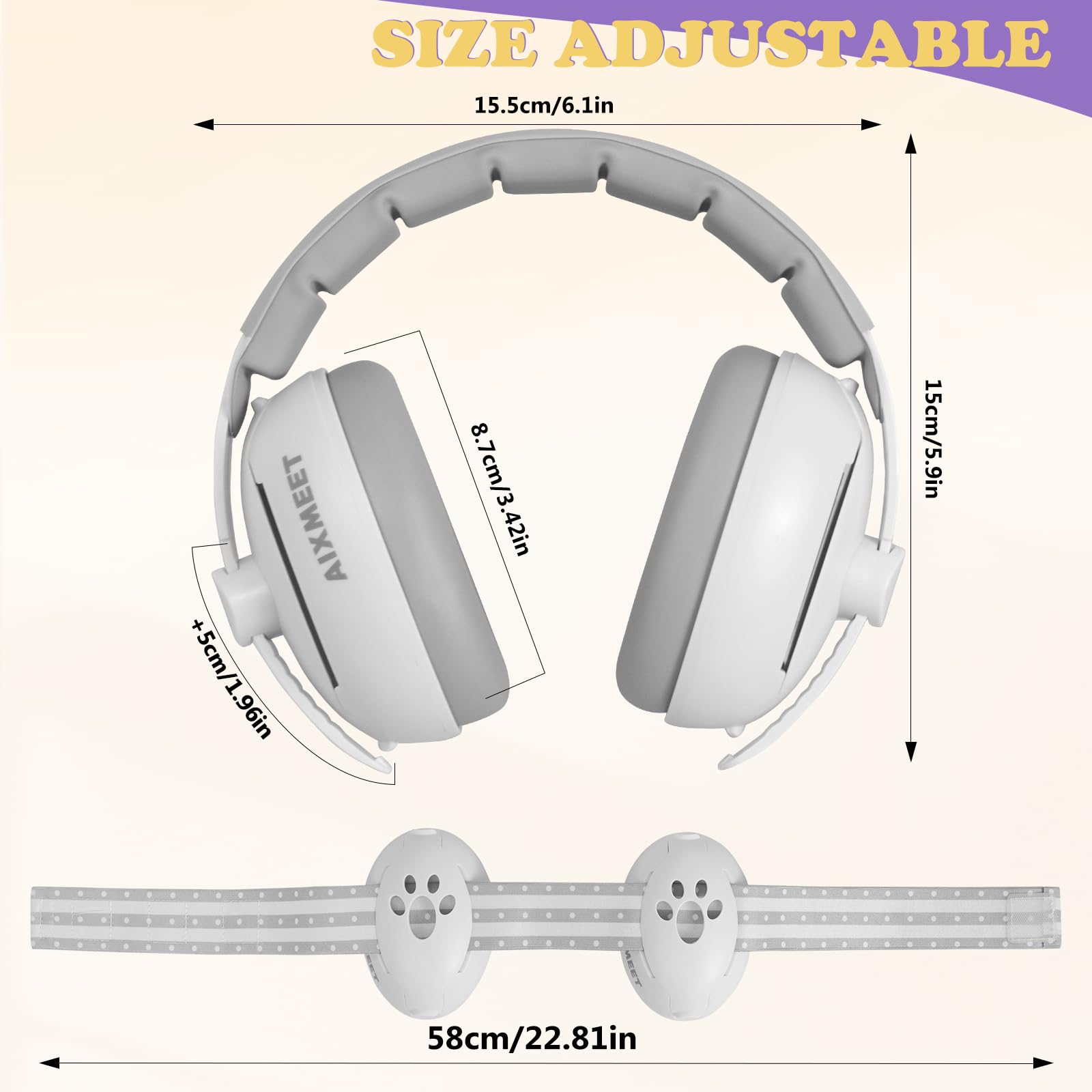 AIXMEET Casque Anti Bruit Bébé,2 en 1 Casque Anti Bruit pour Bébé & Enfant, Protection auditive pour les enfants de 3 à 48 mois,Réglable et Confortable,pour la Vie&les Fêtes (Blanc)