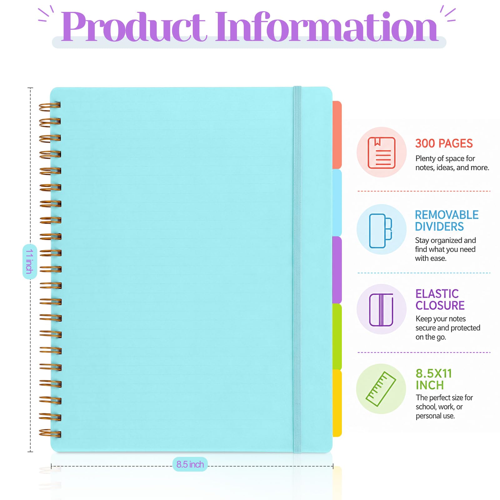 Resurhang 3 Pcs Spiral Notebook 5 Subject Notebooks Journal A4 8.5" x 11" with Removable Dividers College Ruled 300 Pages Thick Spiral Writing Journal for Women Men Work School, Purple Pink and Blue