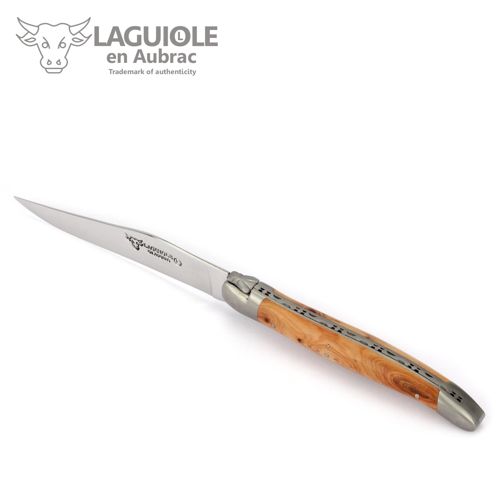 Laguiole en Aubrac - 1 Steakmesser und 1 Gabel im Besteck-Set - Griff Wacholder Holz - Original Frankreich mit Zertifikat