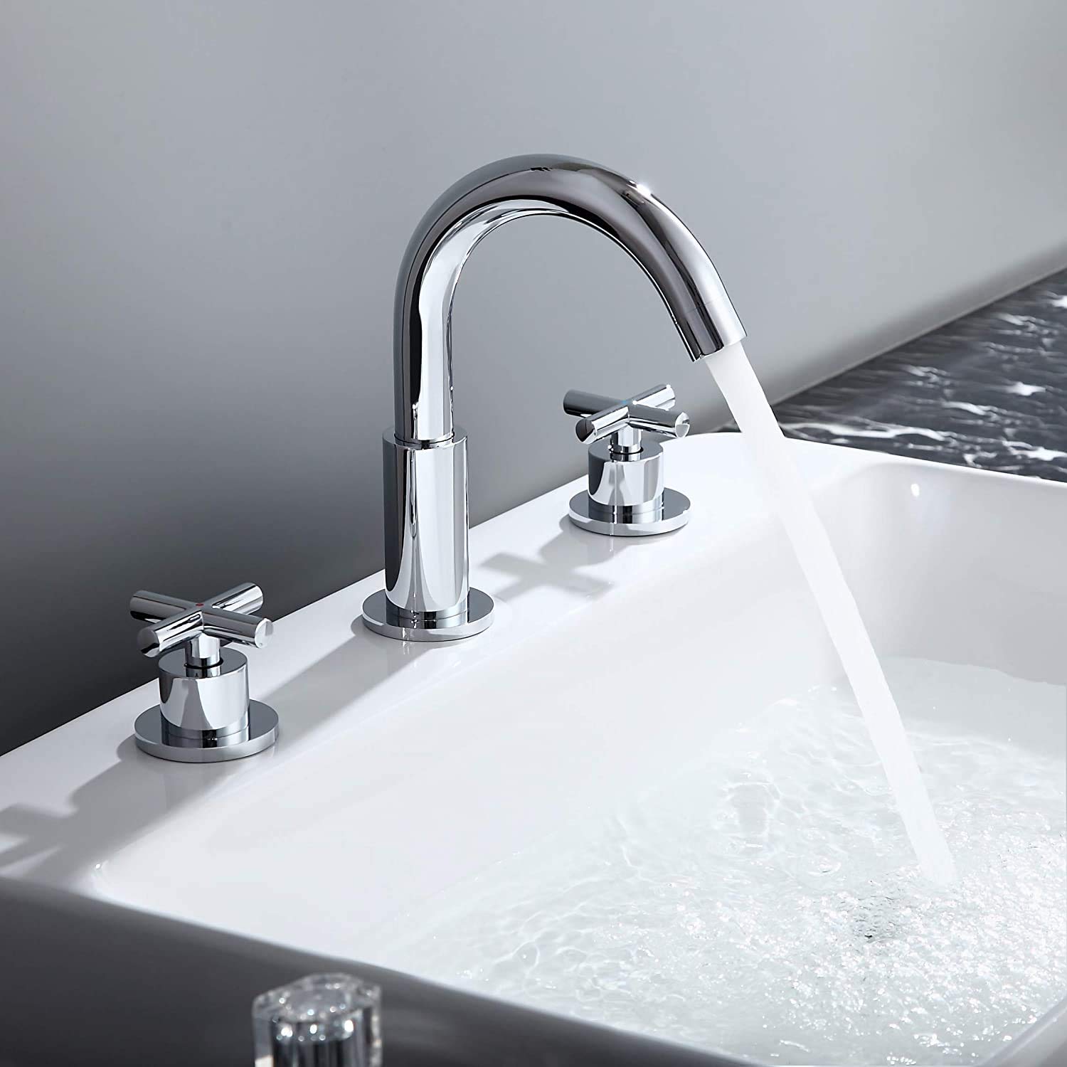 JinYuZeChrome Widespread Bathroom Sink Faucet with Double Cross Handles, Gooseneck Swivel Spout