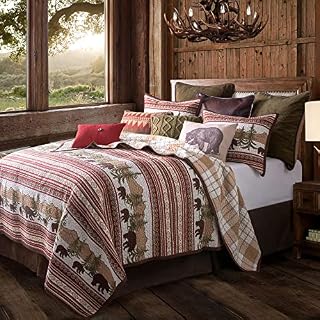 Paseo Road by HiEnd Accents | Bear Trail 3 Piece Quilt Set with Pillow Shams, Super Queen Size, Reversible Bed Set, Rustic Cabin Lodge Style Bedding, Forest Plaid Bedspread, 1 Quilt and 2 Pillowcases