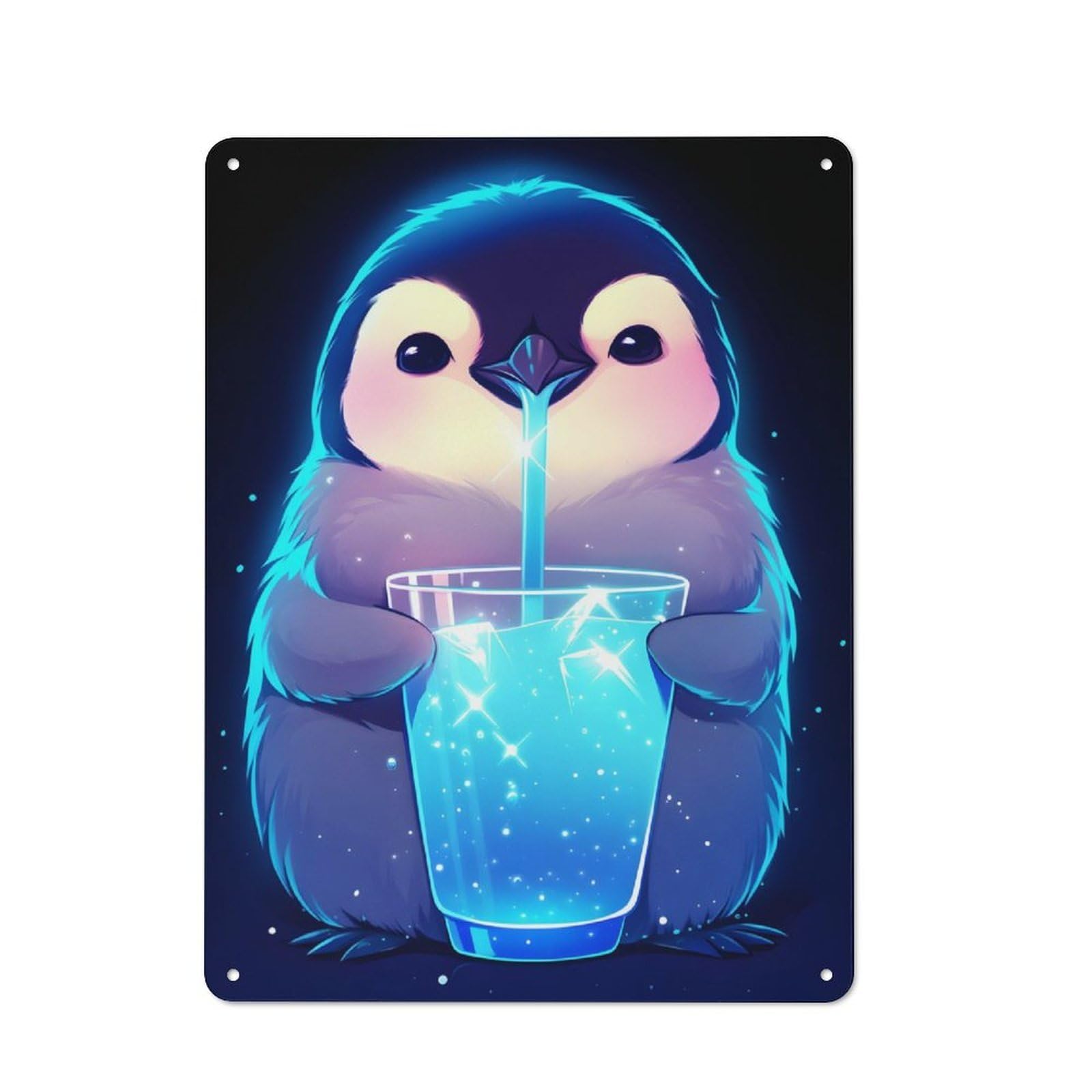 Junmoney Cute Penguin Drinking Decorative Metal Plaque With Design 40X30cm, Modern Retro Studio Wall Art For Workspace, Cafe, Hallway Or Garage