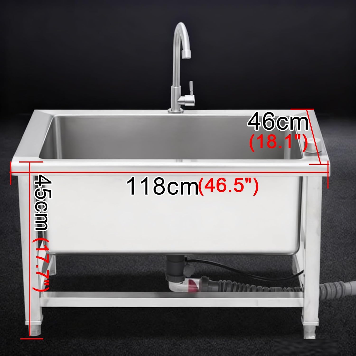 Rounded-corner Sink 1-piece Welded Construction Small R Corner Design Stainless Steel Sinks Adjustable Feet H17.7" Knob X-shaped Guide Lines Balcony Mop Basin Thickened Countertop(46.5x18.1x17.7")