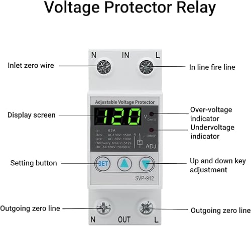 Miniatura 6 de Walfront SVP-912 120VAC 80A Auto Recuperación Ajustable Bajo Protector De Voltaje Para Sistemas Eléctricos