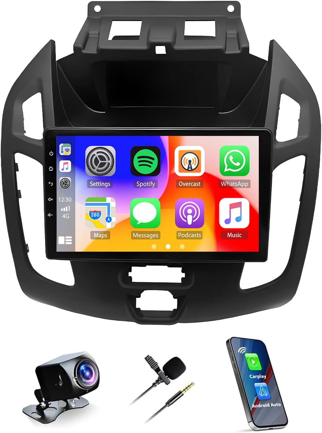 4G+64G Car Radio Stereo for Ford Transit Connect 2014-2018,9 Inch Double Din Touch Screen Car Radio with Wireless Carplay Android Auto,GPS Navi FM 5G WiFi Bluetooth SWC AHD Backup Camera Mic