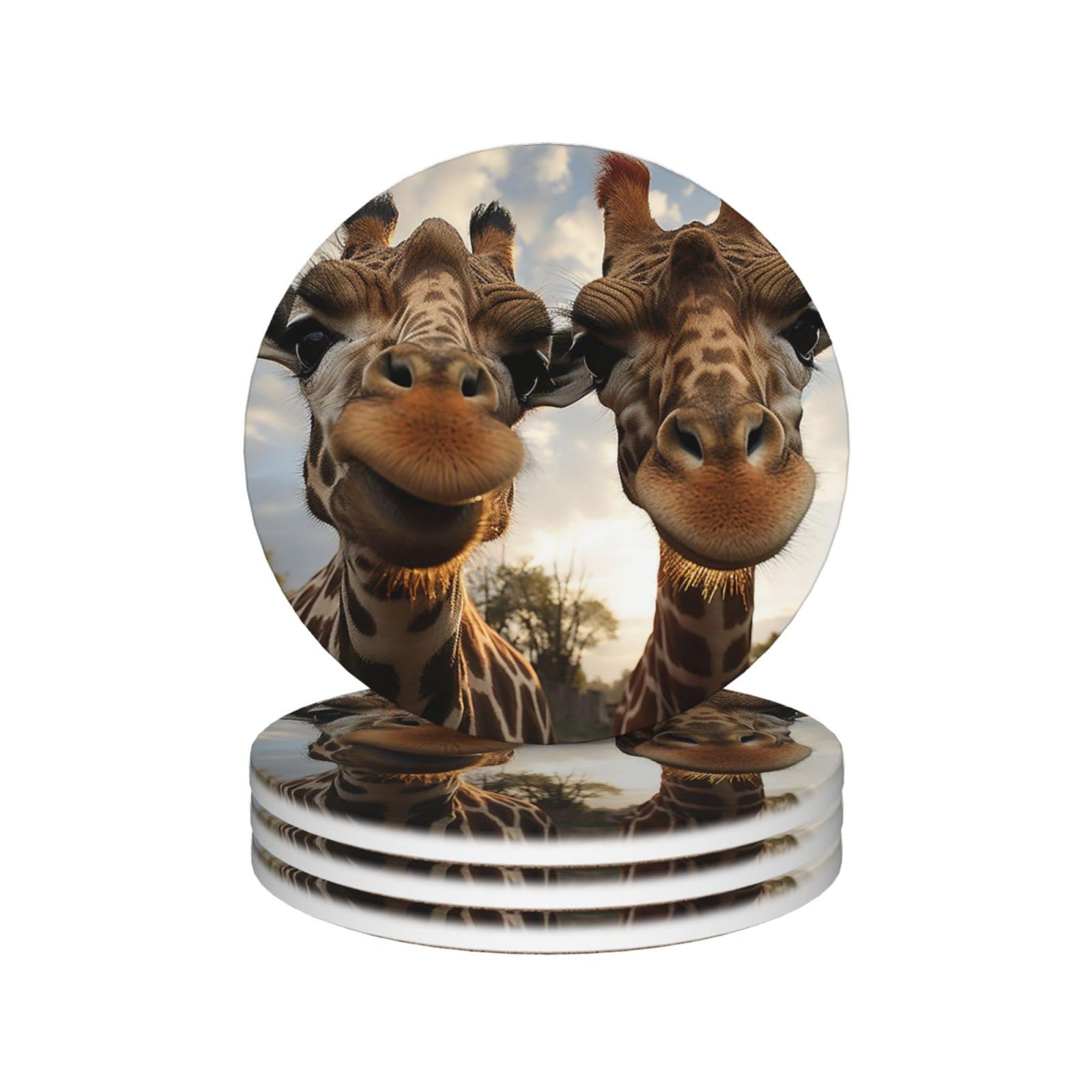 Drink Coasters Set of 4 Coffee Ceramic Coaster Two Giraffes Making Faces Coasters for Drinks Coffee Cup Mat Heat Resistant Tabletop Protection Coaster Desk Accessorie Home Decorative
