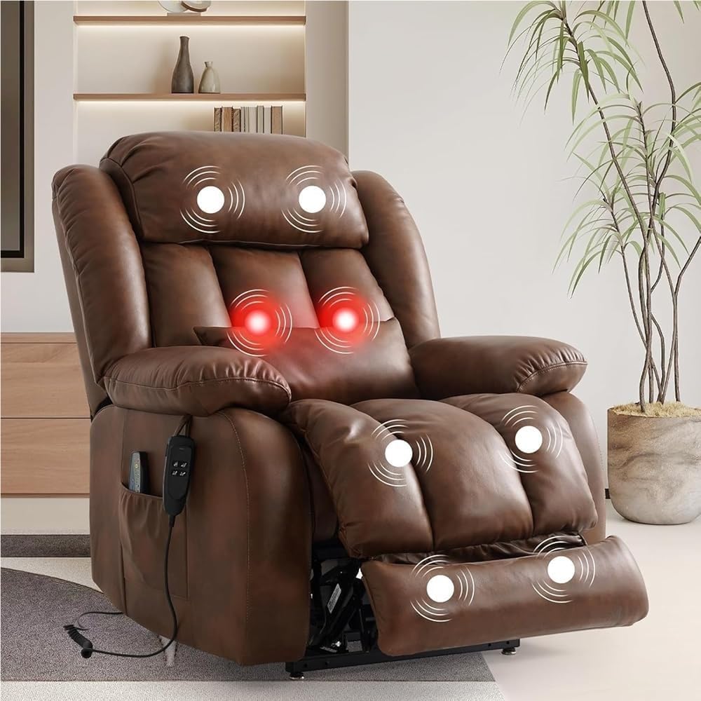 Dual Motor Electric Lift Recliner Sofa Chair Lay Flat Massage Heating Adjustable Genuine Leather Upholstered Comfortable Support for Seniors Living Room