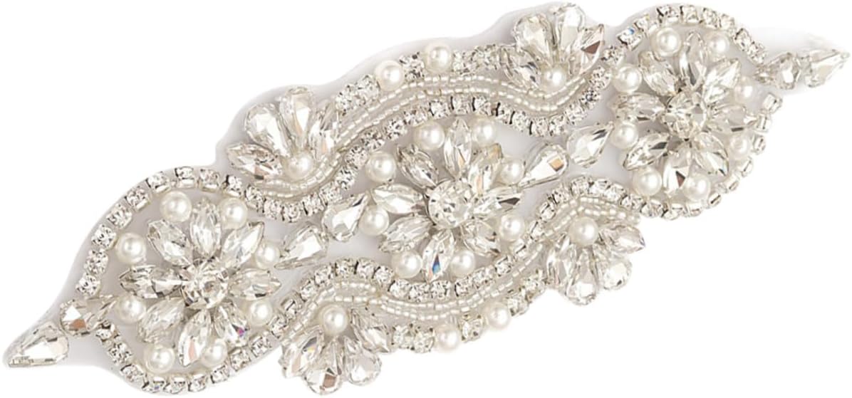 HOMSFOU Rhinestone Pearl Applique for Wedding Dress DIY Bridal Belt Embellishments Shiny Rhinestone Headdress Patches Iron-on 3D Decoration for Special Occasions
