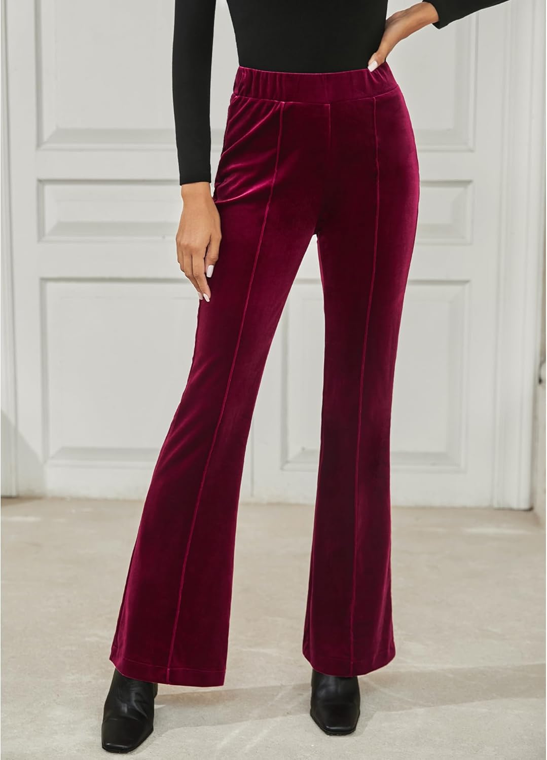 GRAPENT Flare Velvet Pants for Women High Waisted Wide Leg Stretch Elastic Waist Pull On Trousers Front Seam Slacks - Image 4