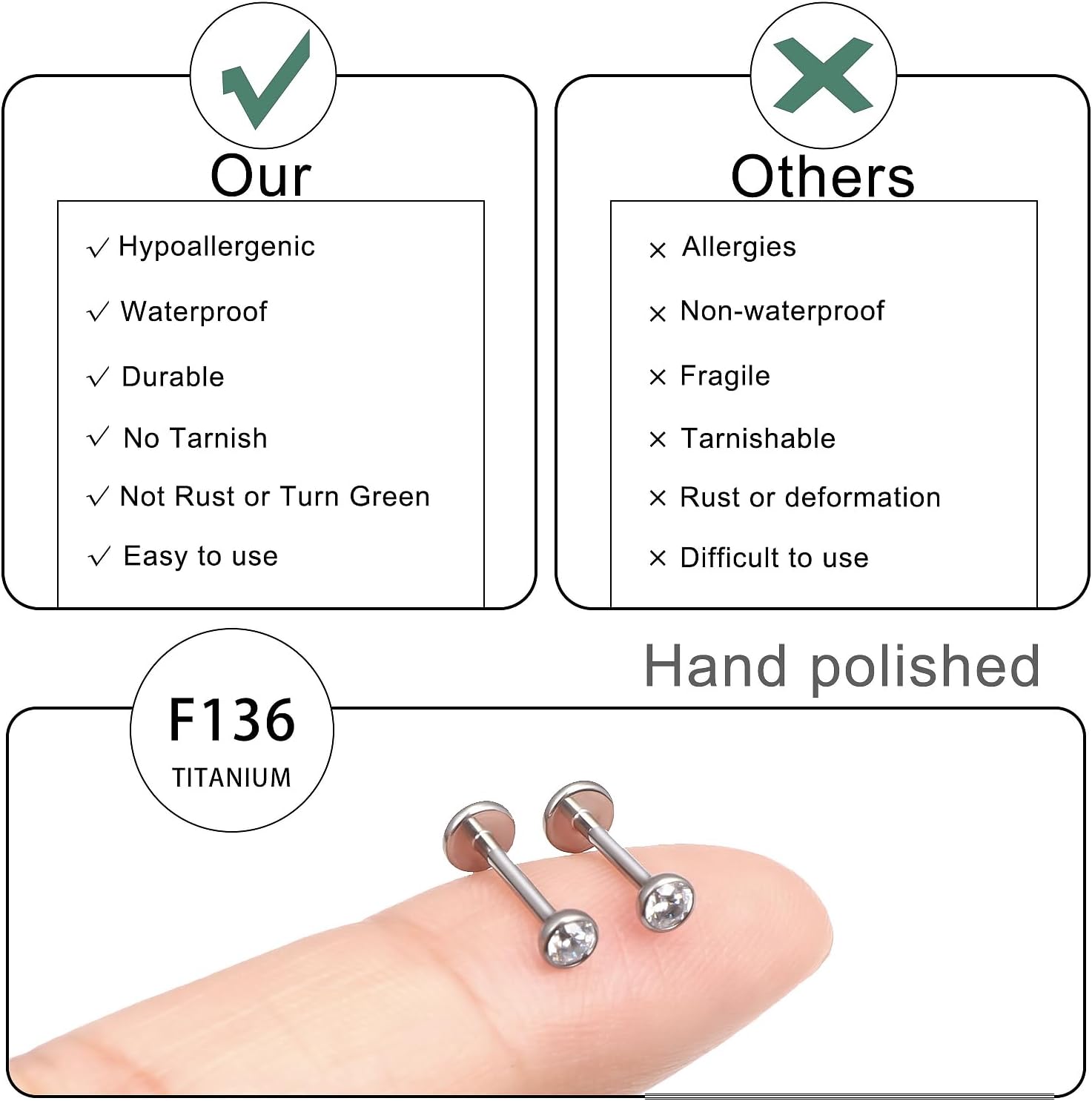 20G 18G 16G Titanium Flat Back Nose Stud Threadless Push in Earrings Tiny CZ Small Nose Rings Helix Cartilage Tragus Conch Lip Labret Medusa Monroe Piercing Jewelry for Women Men - Image 3