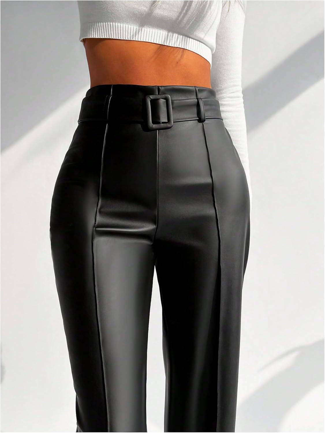 Floerns Women's PU Leather Straight Leg Pants High Waisted Belt Casual Trousers - Image 4