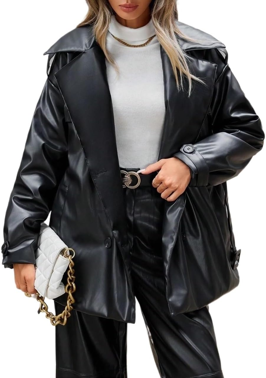 Women Fall Fashion Autumn PU Coat Jacket Overcoat With Belt Trench Coat Trench Coats