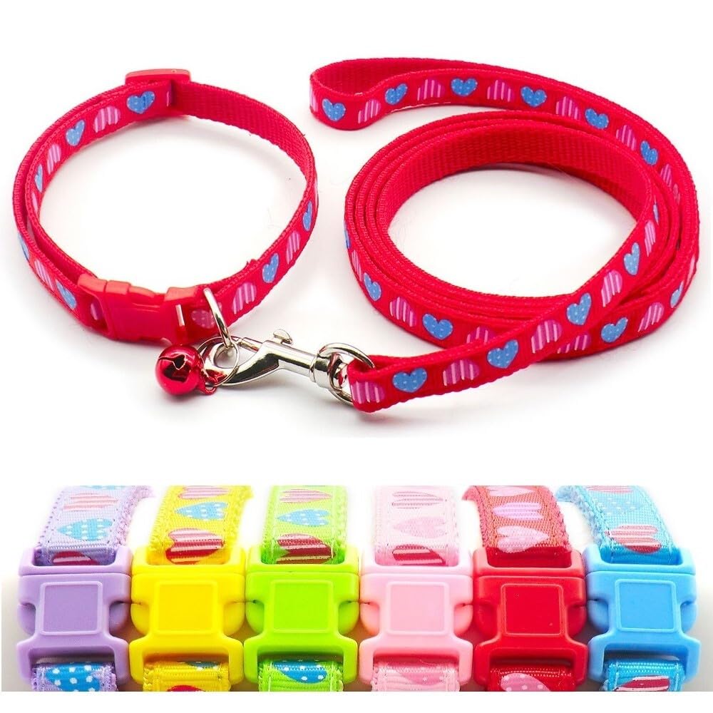 Small Dog Puppy Pet Collar and Lead Set Love Heart Design Nylon Adjustable Size 19-32cm Collar with Bell and 120cm Leash Red