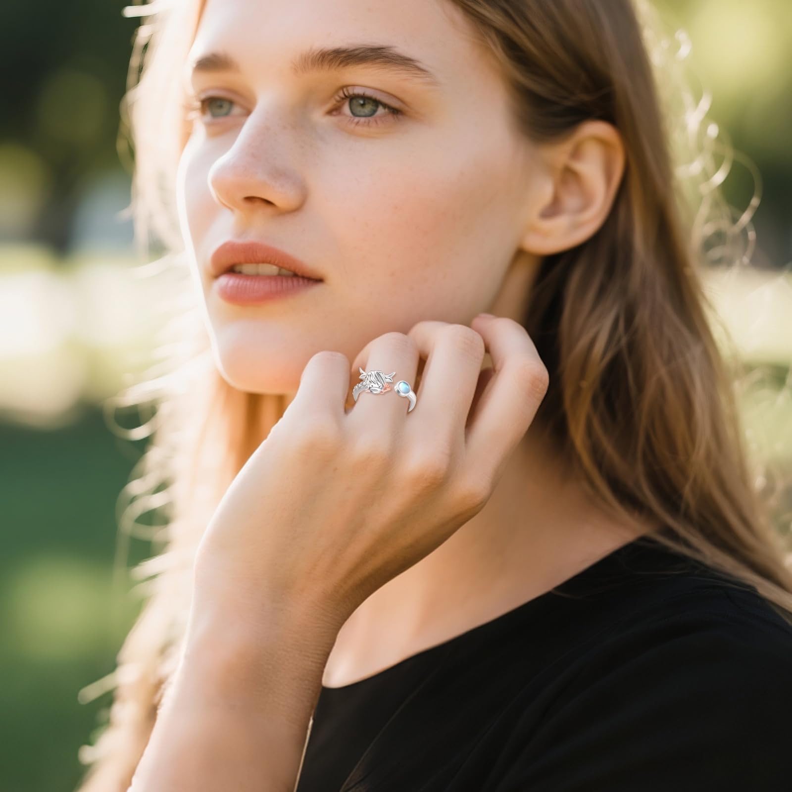 URONE Highland Rind Ring 925er Sterling Silber Mondstein Kuh Offene Ringe Süßer Tier Schmuck Geschenke für Damen