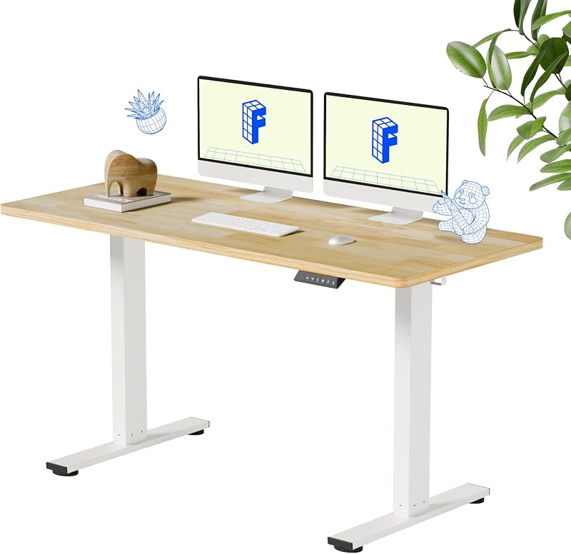 Escritorio de pie de madera maciza de 55" x 24", marco blanco | Escritorio de madera auténtica con veta natural, duradero y sostenible, capacidad de 176 libras, para oficina en casa y configuraciones de varios monitores