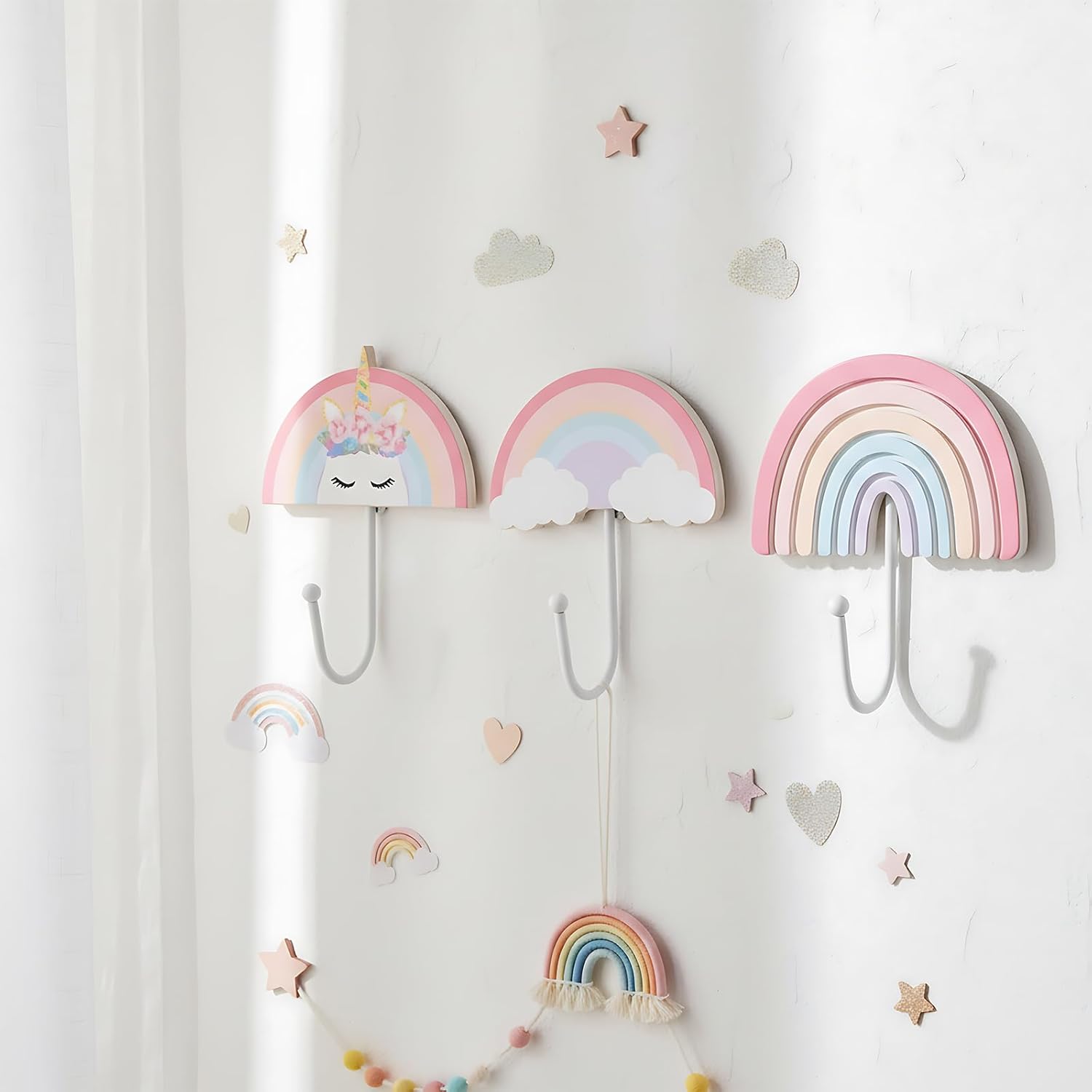 AceOrbit 3 Pcs Rainbow Wall Hooks Unicorn Wall Hangers Pink Nursery Coat Rack Rainbow Art Holder for Kids Bedroom Home Decoration