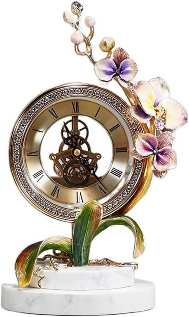 Mantle Clock Beautiful Enamel Color Metal Clock Retro Home Desk Decoration Clock Ornaments Marble Base Desk Clock Vintage Mantel Clock