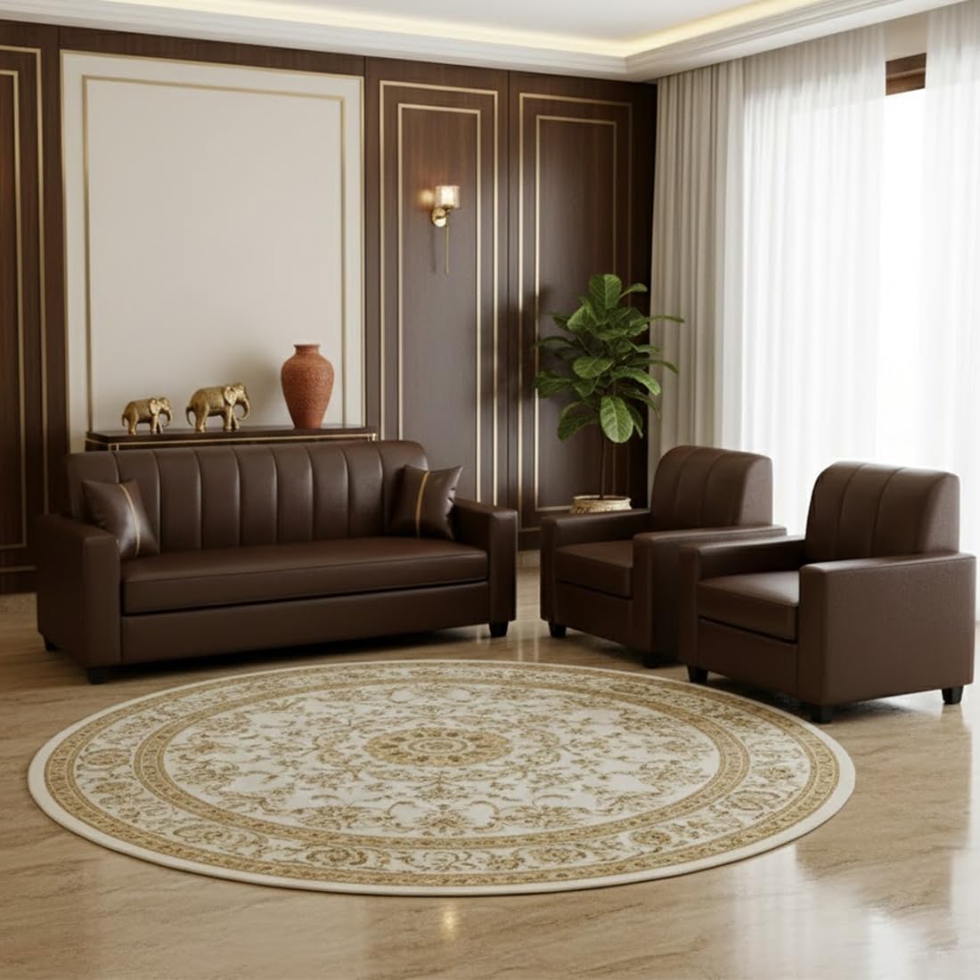FURNY Cosmos 5 Seater Leatherette 3+1+1 Sofa Set (Brown) | Durable & Comfortable Ideal for Living Rooms