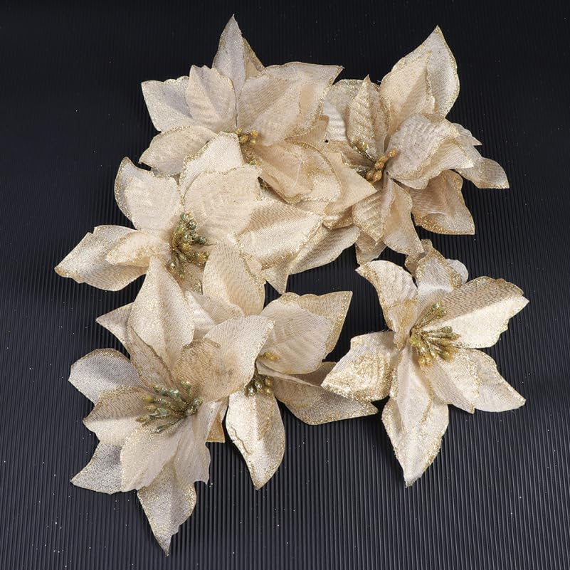 Amosfun 5 Inch Christmas Flower Decoration Artificial Glitter Gold Poinsettia for Christmas Tree Ornaments Holiday Home Decor