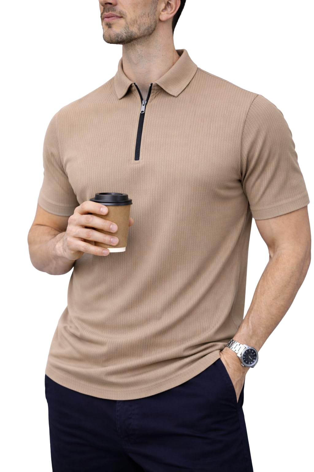 Mack Jonney Men Ribbed Polo T-Shirt Camel - Image 1